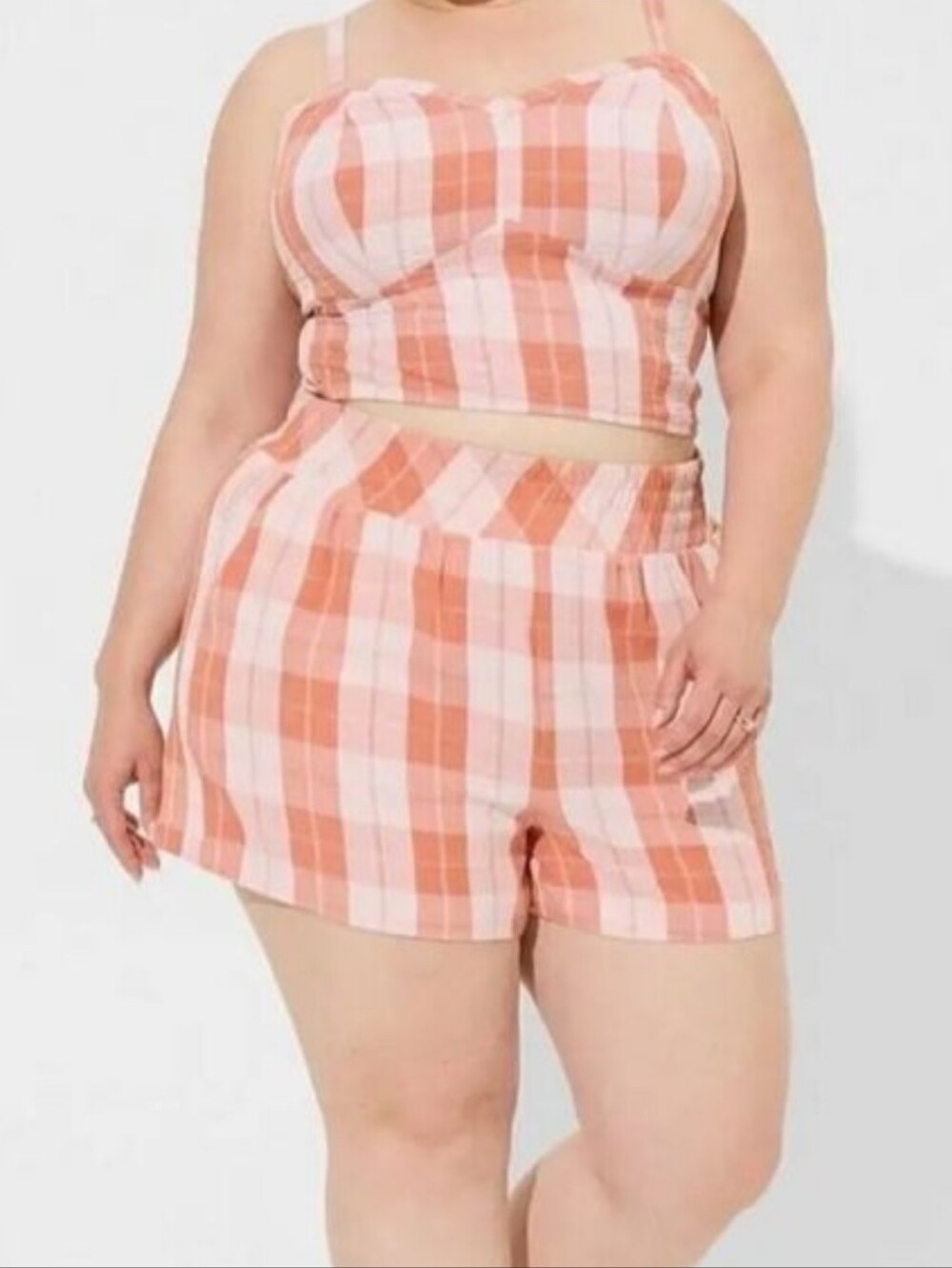 Torrid Plaid 2PC SET Shorts And Smocked Back Top Apricot Brandy 3X